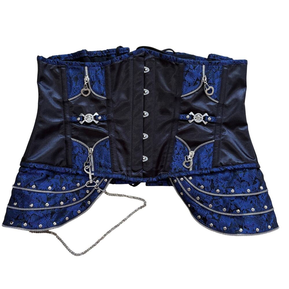 Vintage Goth Corset Skulls Black & Blue Brocade Chained Witch Gothic Bustiers 34